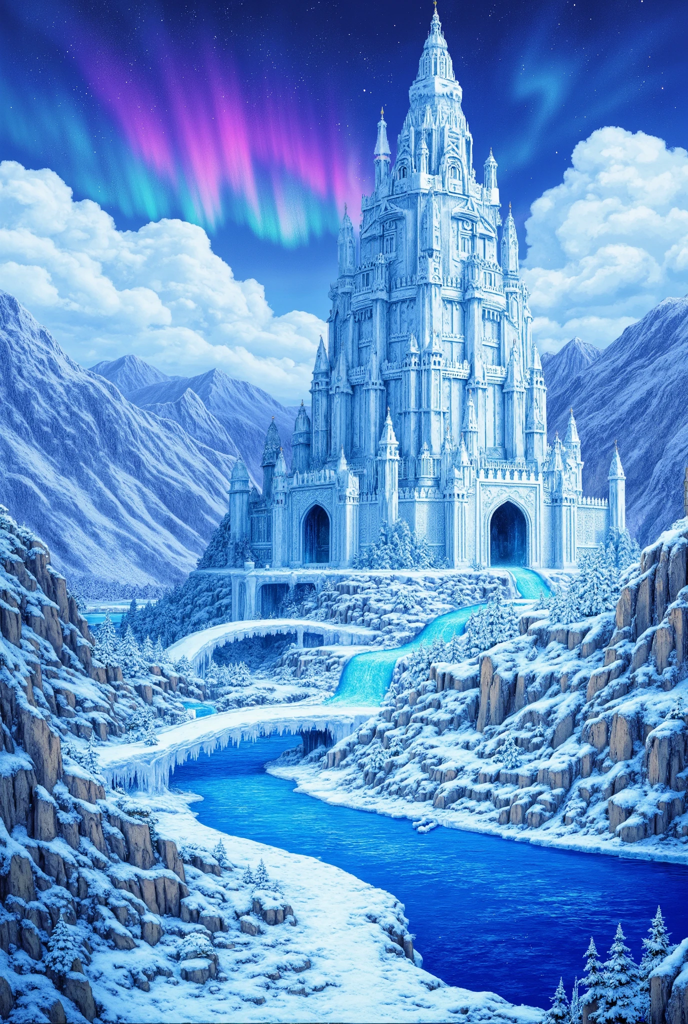 Pixel art style,Frosty atmosphere,illustration,best quality,vast ice kingdom,majestic ice castle,sharp ice spires,glittering icy terrain,deep blue and white hues,snow-covered mountains,crystal-clear frozen lake,glowing northern lights,blizzard in the distance,ancient frozen statues,icy bridges and pathways,ominous and breathtaking winter scenery