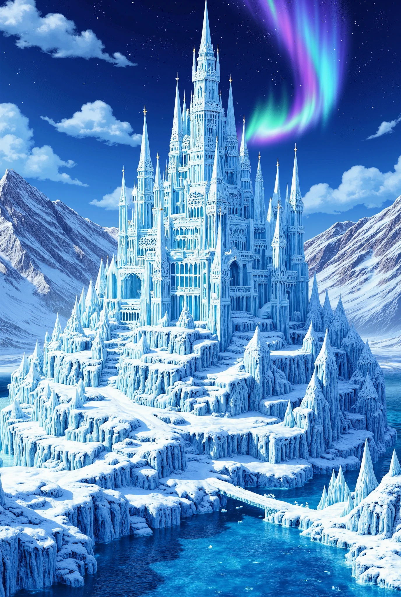 Pixel art style,Frosty atmosphere,illustration,best quality,vast ice kingdom,majestic ice castle,sharp ice spires,glittering icy terrain,deep blue and white hues,snow-covered mountains,crystal-clear frozen lake,glowing northern lights,blizzard in the distance,ancient frozen statues,icy bridges and pathways,ominous and breathtaking winter scenery