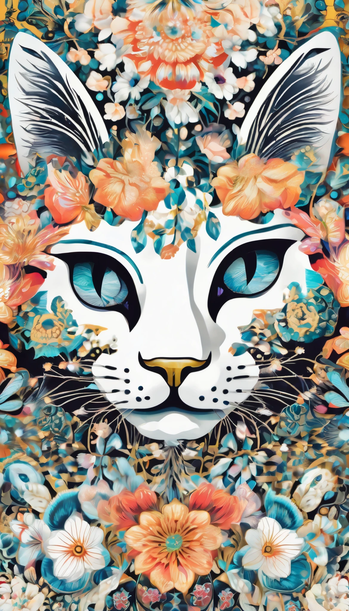 Best quality, masterpiece, ultra high res, (photo realistic:1.4), surrealism, dream-like, ((abstract art)), vector arts ((((white background)))) (century cats illustration) a close up of a cat face pattern with flowers, an ultrafine detailed painting inspired by Théodore Rousseau, trending on shutterstock, maximalism, perfect maximalistic composition, chinoiserie pattern, whimsical and psychedelic, surreal psychedelic design, neon cat face pattern, dark kitten pattern wallpaper, mythical feline hills, raqib shaw, ornate cats || (embroidery) seamless pattern, Best quality, masterpiece, ultra high res, (photo realistic:1.4), surrealism, dream-like, ((abstract art)), vector arts, ((white background)) a close up of a floral pattern on a white background, cats wallpaper, ornate kittens, cats pattern, floral explosion, floral! intricate, floral flowers colorful, chinoiserie pattern, flowery wallpaper, floral renewal, with colorful flowers and plants, floral dream, garden flowers pattern, floral patterned skin, floral design, floral motives, boho floral vines