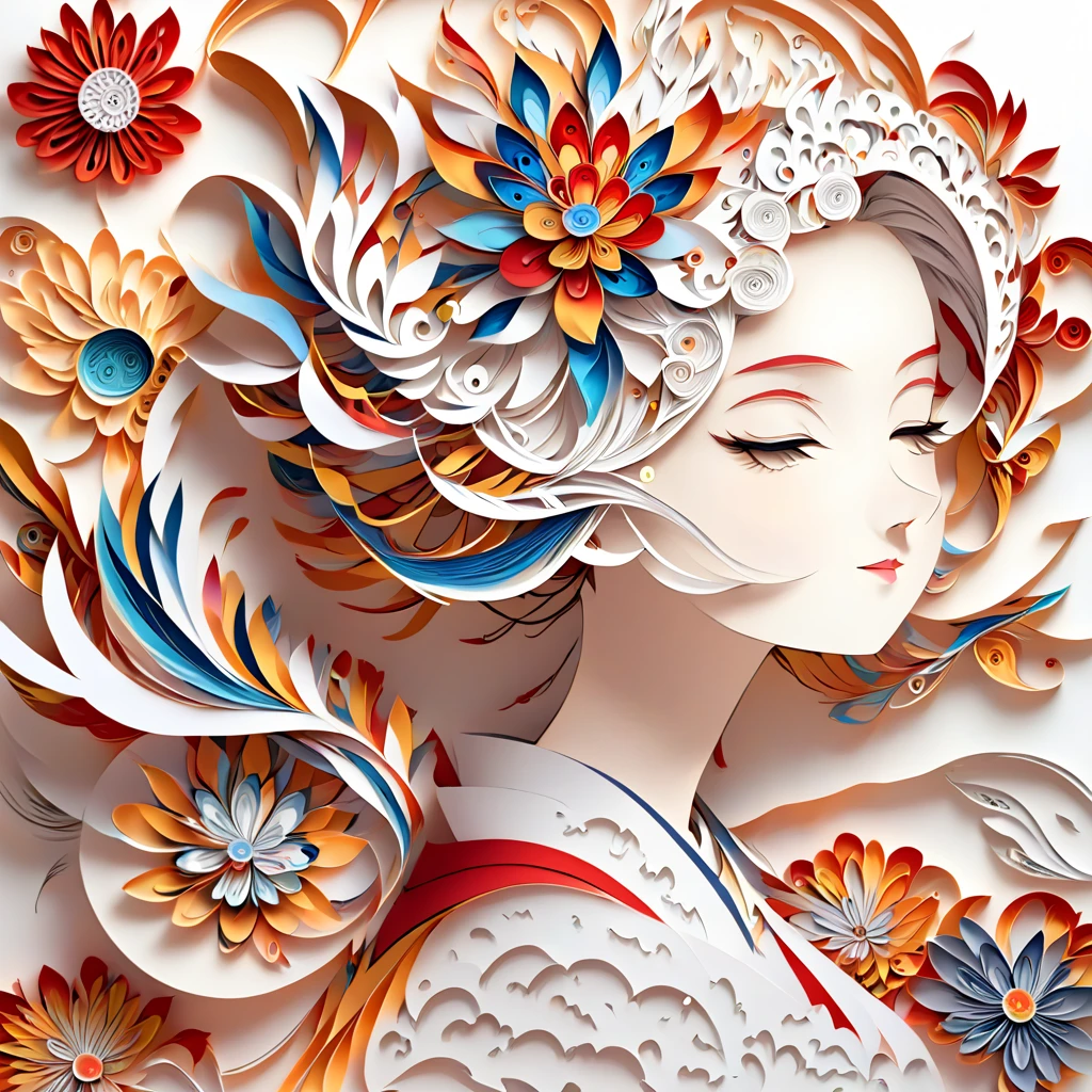 masterpiece, highest quality, high resolution, high-quality images, 8k, (Plane paper cutting，paper art，layered paper art，paper quilling, The art of math),pure white background, 1 girl, , cute, delicate drawing, close-up shot, Profile, Taisho Roman, Taisho modern girl, schoolgirl, retro, colorful, flower pattern frame, white background,