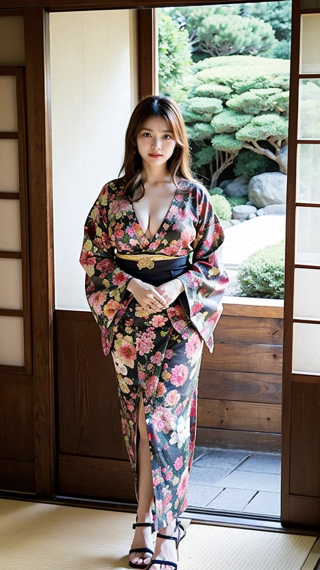 high quality,8K, Detailed facial depiction, Detailed description of the eyes,One Woman, Light brown hair(Short Hair),Beautiful Japanese Girl,24-years-old,Cute eyes,Cute Smile,Yukata beauty,The yellow floral yukata is open and very sexy.,The front of the yukata is open, revealing a sexy bra,Lace underwear,String panties,Slender body, Large, plump breast size, Long and beautiful legs,Smiling, Colorful earrings,necklace,Are standing,Beautiful nape,Japan tatami room,Feminine gestures,Dry landscape garden,wind chimes,