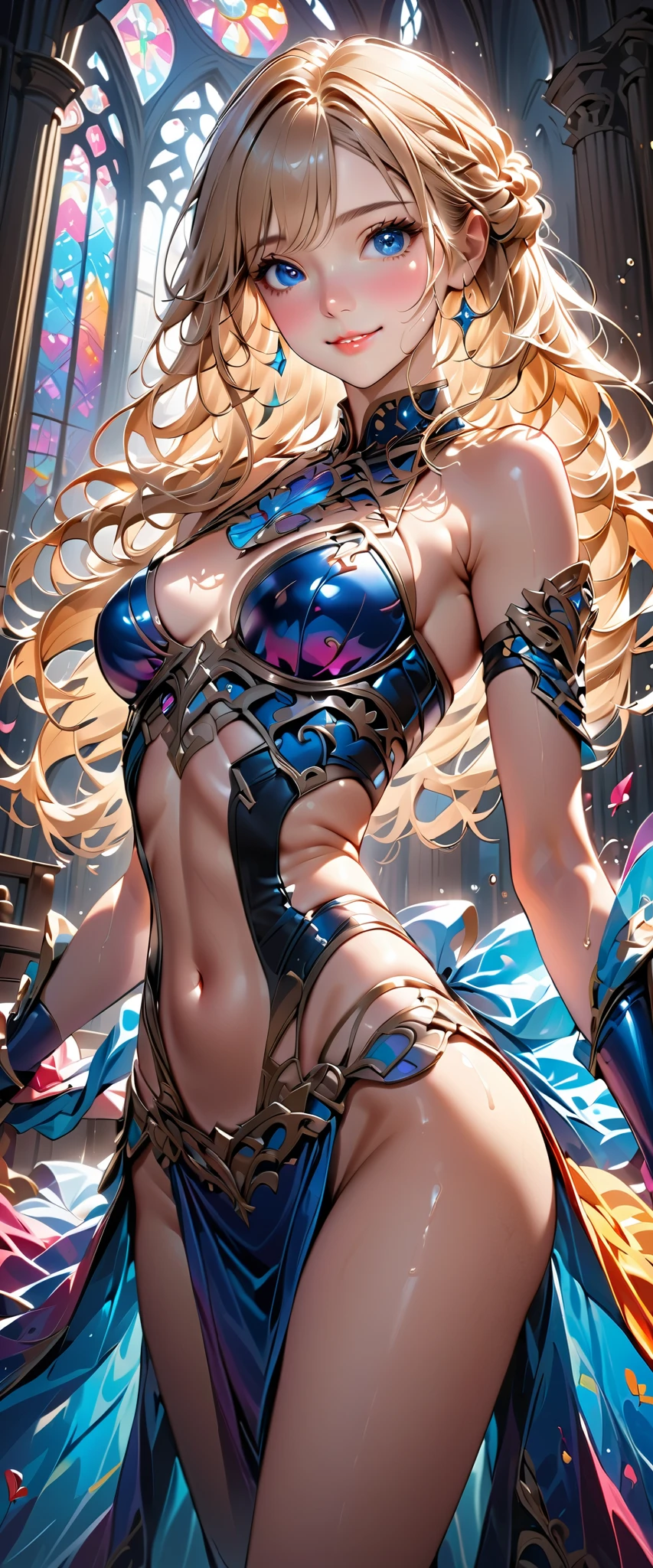 (())(( small tits))( for a woman with bristles:1.2, very detailed, up to date, vibrant , super high resolution, High Contrast , masterpiece:1.2, for a woman with bristles, best aesthetics), fantasy standing in a church, sexy,dark blue shiny revealing bikini armor, skinny, beautiful thighs are visible , Best Body Line, beautiful detailed eyes, A professional and confident smile, Detailed Facial Features , elegant hairstyle, Bonds of Love, Adorable,Wet with water,Blonde