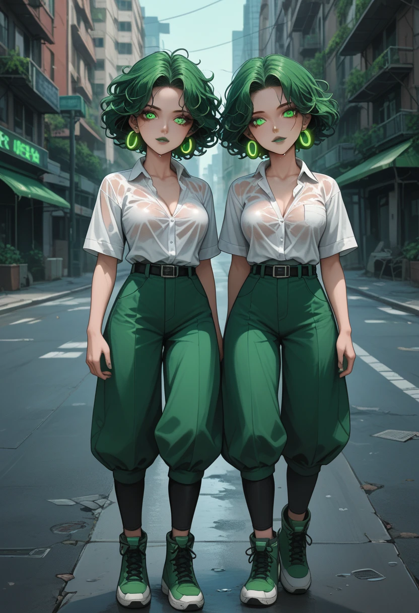 Look: score_9, score_8_up, score_7_up, Expressiveh, safe, looking at viewer, best quality, expressive eyes, perfect face, 2 woman, thick hair, green eyelashe, green eyeliner, looks exhausted, green hairstyle, twin sisters,  staring, green eye, black pant, green footwear, black belts, neon earphone, green lip, (glowing eyes), protect eyes, destroyed city background, outside, EyesHD, zombies background, unbutton shirt, wet breasts, twin sisters 