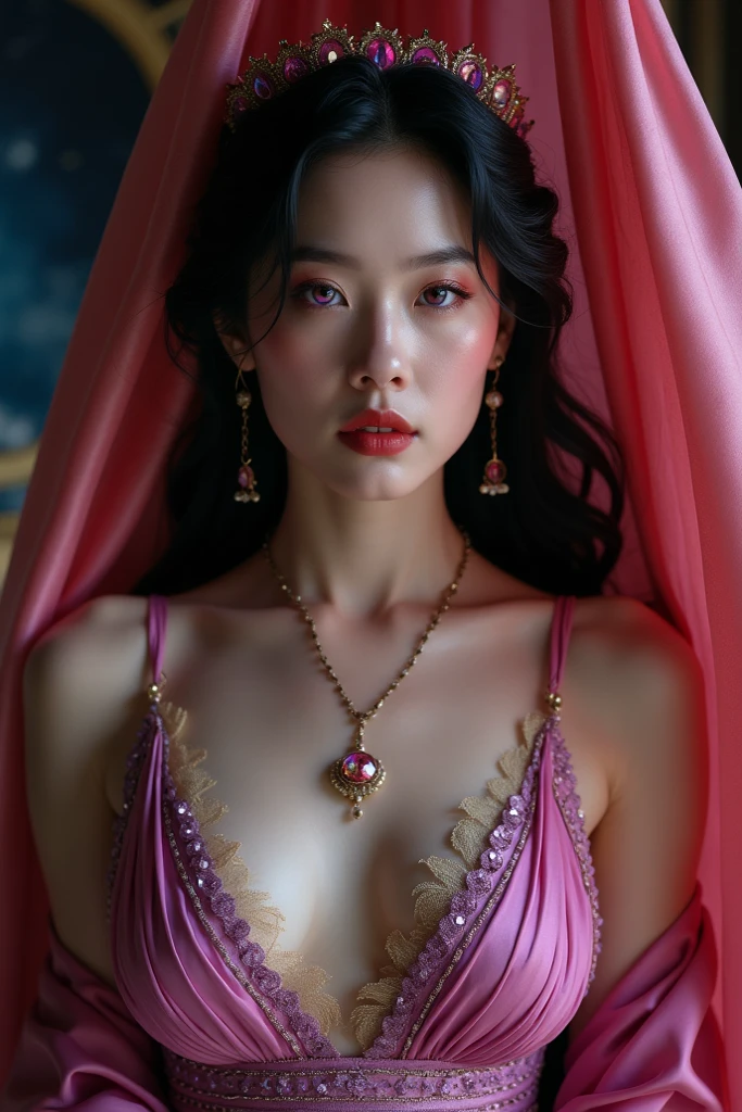 Masterpiece, best quality, high res, beautiful mature Indonesian girl wearing a hijab and wearing a transparent pink mix red satin dress, looking passionately with a sweet smile dynamic perfection, blood red, smooth, sharp focus, illustration, art, facial details, 4k, palace background heaven, brown eyes