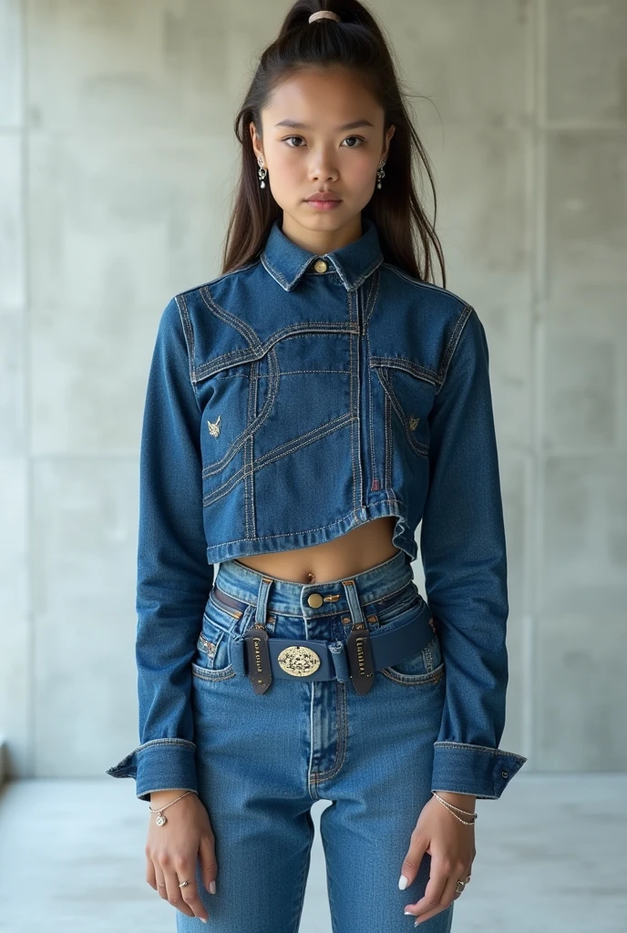 (masterpiece, best quality, depth of field:1.2, girls fashion:1.6, little child:1.8, little girl:1.8, 8 years oldAsianEyesEra, dark skin, tan skin, sun tan, tan:1.4, dark skin, perfect anatomy:1.2, masterpiece:1.3, ultra detailed, little child:1.8, little girl:1.8, denim hot pants, dynamic lighting, good quality:1.5, loli:1.3 flat hip:1.5, , shiny skin, reflective eyes, detailed perfect hands:1.21), Fashion Model Attitude, in Japanese metropolis, black hair, blurry background, standing, very short hair, building, dappled sunlight, outdoors, scenery, shade, sky, skyscraper, blue_\(sky\:1.10), sunlight, hip-hop fashion, street fashion, fashion trend, 2girls, blurry background, hands on hips, multiple girls, navel, outdoors, realistic, shirt, fluffy clothes, straight hair, standing,
