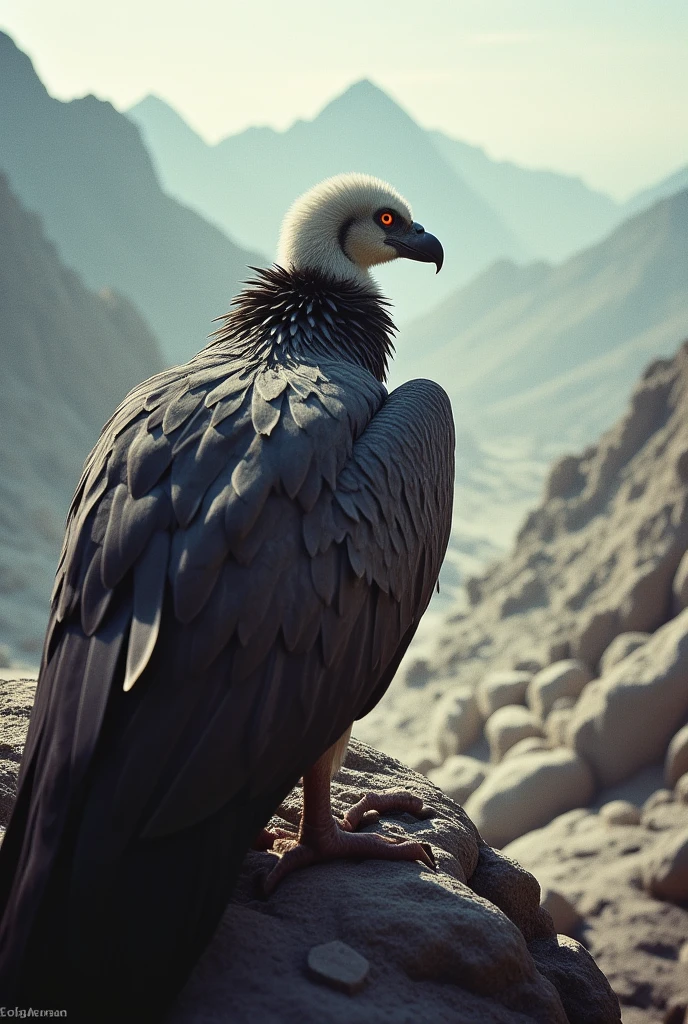  Se the tail of the vulture with the stout plumage.  Staring sharply in the direction into the distance .  Waiting for prey . with an eerie expression .  His thick plumage waved in the wind . Gripping situation .  Simple rocky hill background .  Many rocky hills . in the wild.