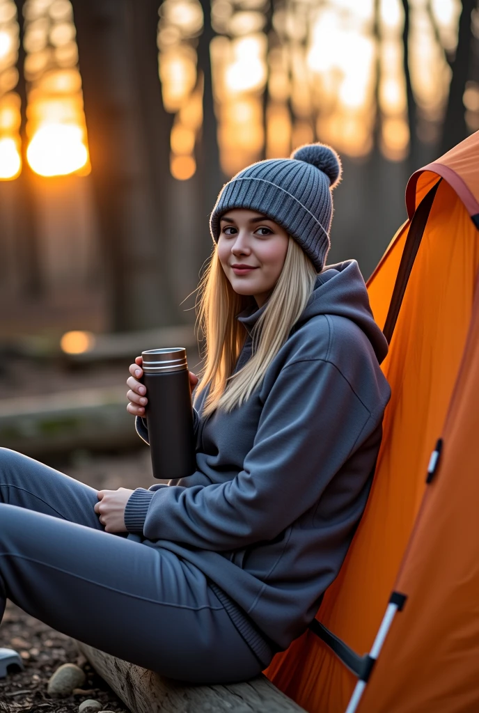 A professional outdoor photography of a beautiful young blond woman camping the wood; she wearing an fleece jacket, sweatpants and gray wool hat; she sitting outside of her orange tent on a wood log; she holding a thermos; a light-up camping lantern next to her; winter season; cozy atmosphere; sunset; sunset light; back lighting; depth of field; intricate detailed