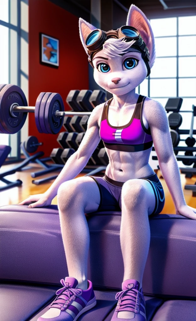 Rivet, tail, furry girl, 1girl, solo, young, (blue shorts), (purple sports bra), (pink shoes), inside gym, sitting on a couch, detailed body fur, detailed body, detailed eyes, detailed face, athletic, skinny, high quality, masterpiece, goggles, looking at you, full body,