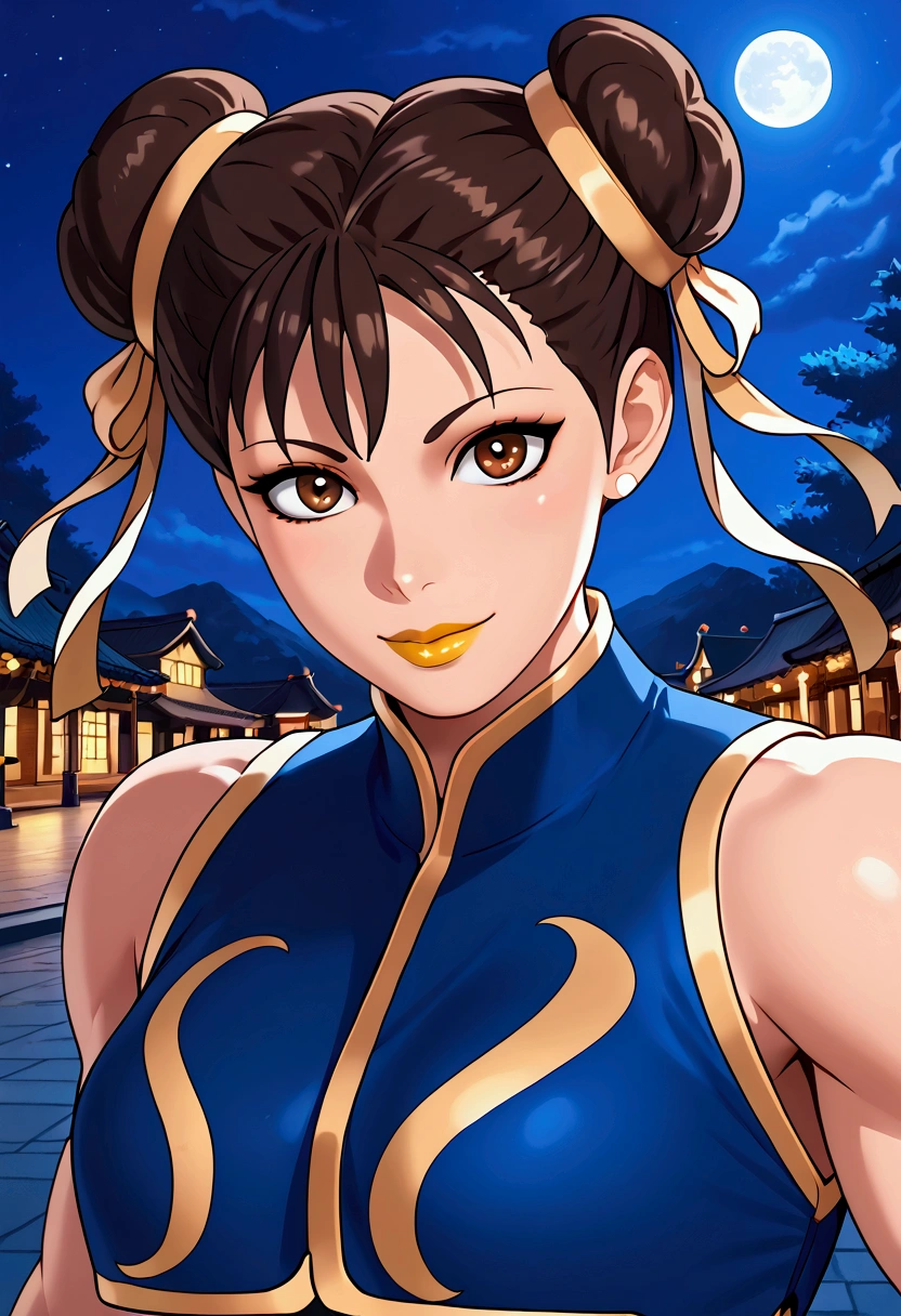 (masterpiece, best quality)), 1 girl, solo, Chun Li, upper body, beautiful night street background, smile, yellow lipstick