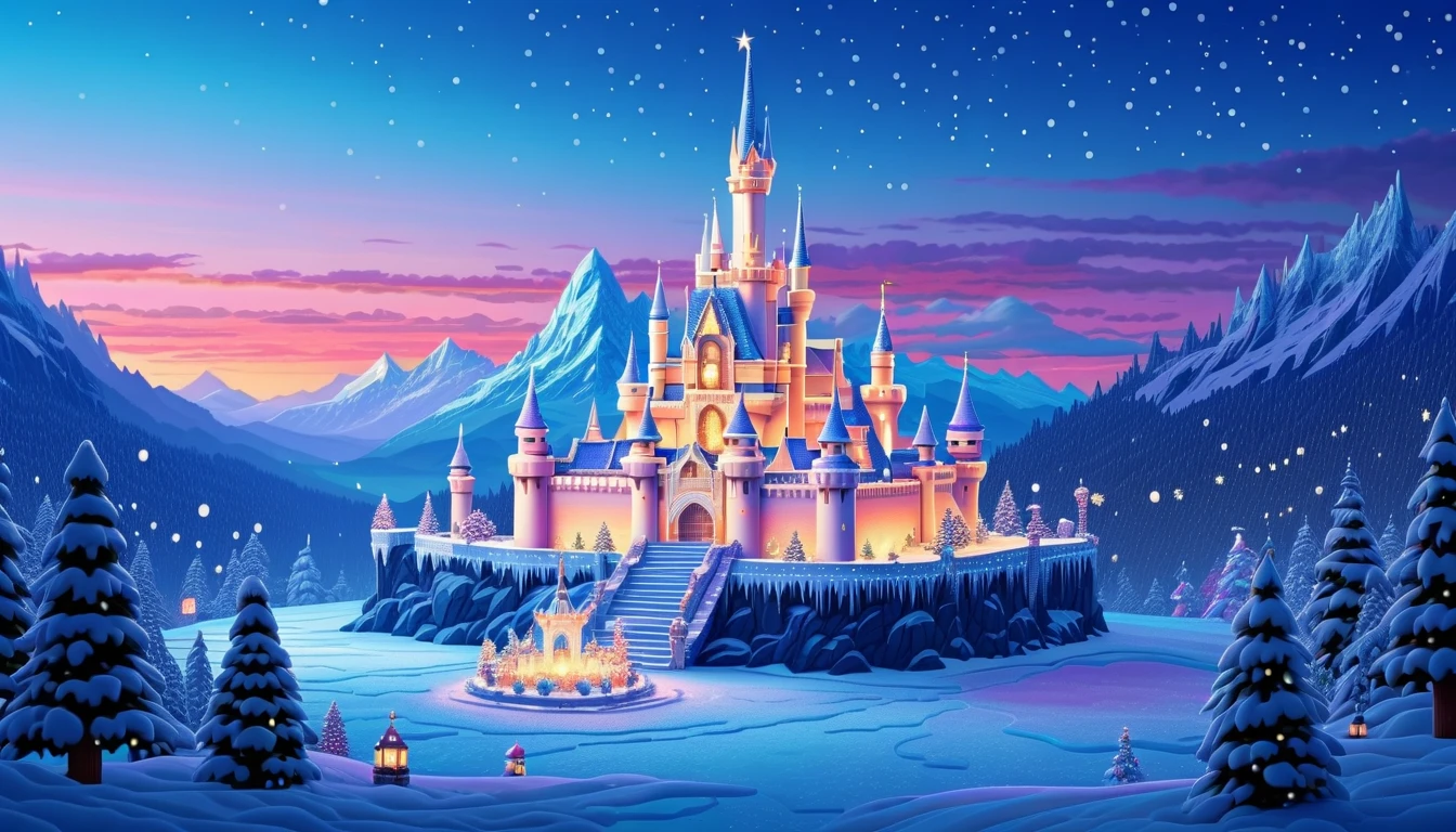 A pixel art depiction of a magical ice kingdom, adorned with vibrant Christmas decorations, sparkling snowflakes, and glimmering lights, set against a twilight sky with a soft blue and white palette.