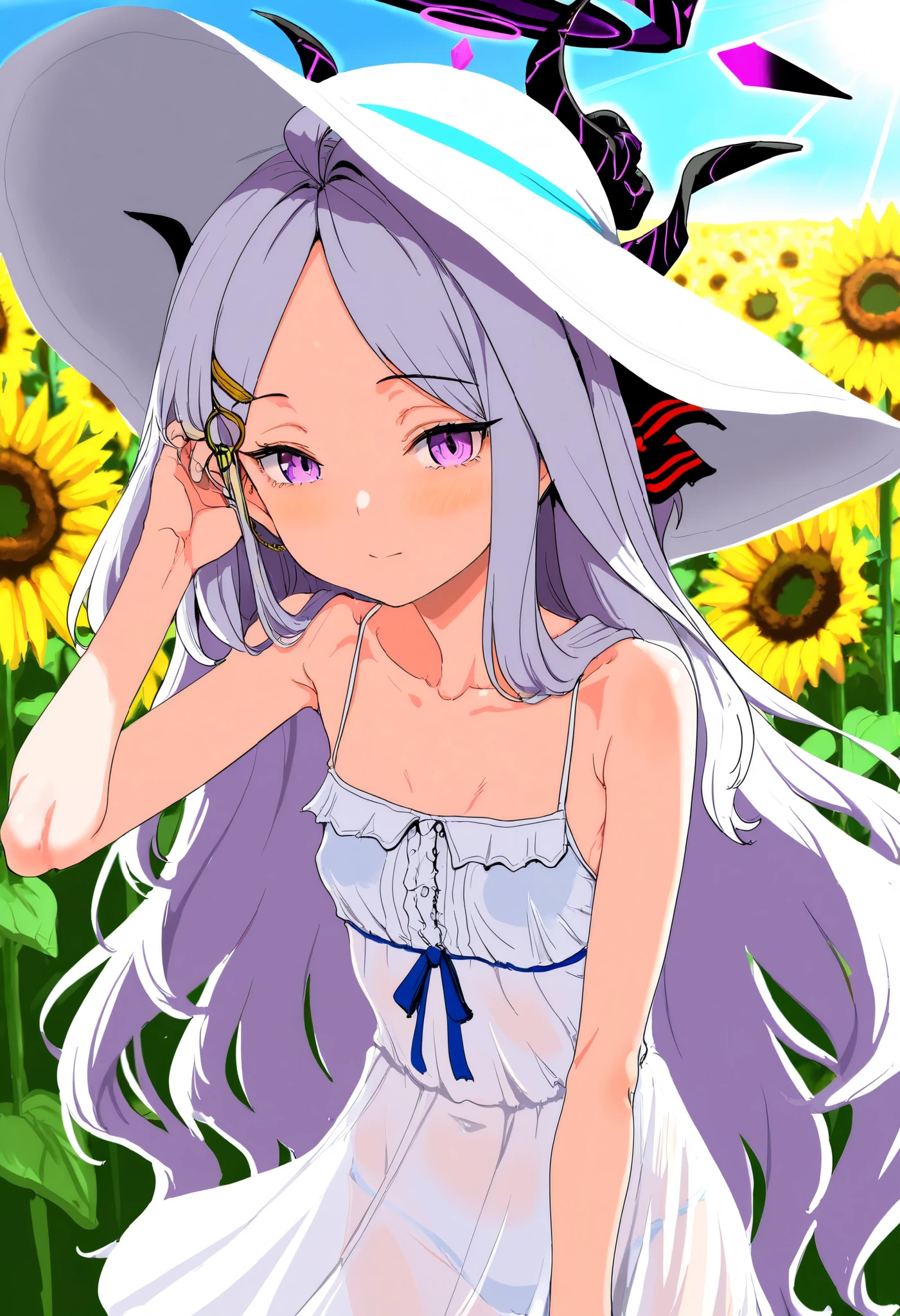 masterpiece, best quality, amazing quality, very aesthetic, newest, general, solo, clearite, lue archive, hina (blue archive), small breasts, sundress, tucking hair, sun hat, sunflower field, sunlight, sunbeam, lens flare, See-through