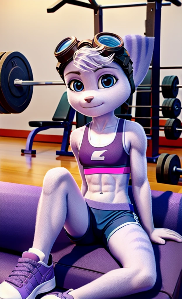 Rivet, tail, furry girl, 1girl, solo, young, (blue shorts), (purple sports bra), (pink shoes), inside gym, sitting on a couch, detailed body fur, detailed body, detailed eyes, detailed face, athletic, skinny, high quality, masterpiece, goggles, looking at you, full body,