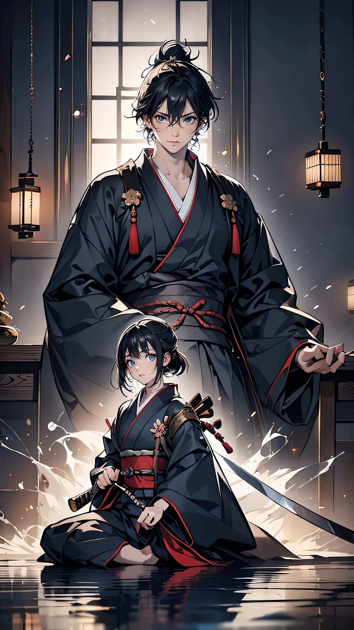 “Inside a grand, dimly lit Japanese castle, two samurai are facing each other, ready to duel. The floor is made of polished wooden planks, reflecting the flickering light from hanging lanterns. On one side stands the protagonist, his face calm but intense, gripping his katana tightly. On the other side, an imposing figure, a rival samurai, stares back with a fierce determination. The air between them is charged with tension, and in the background, a noble lord sits on a raised platform, observing the confrontation with an unreadable expression. The atmosphere is one of power, betrayal, and impending violence.”
