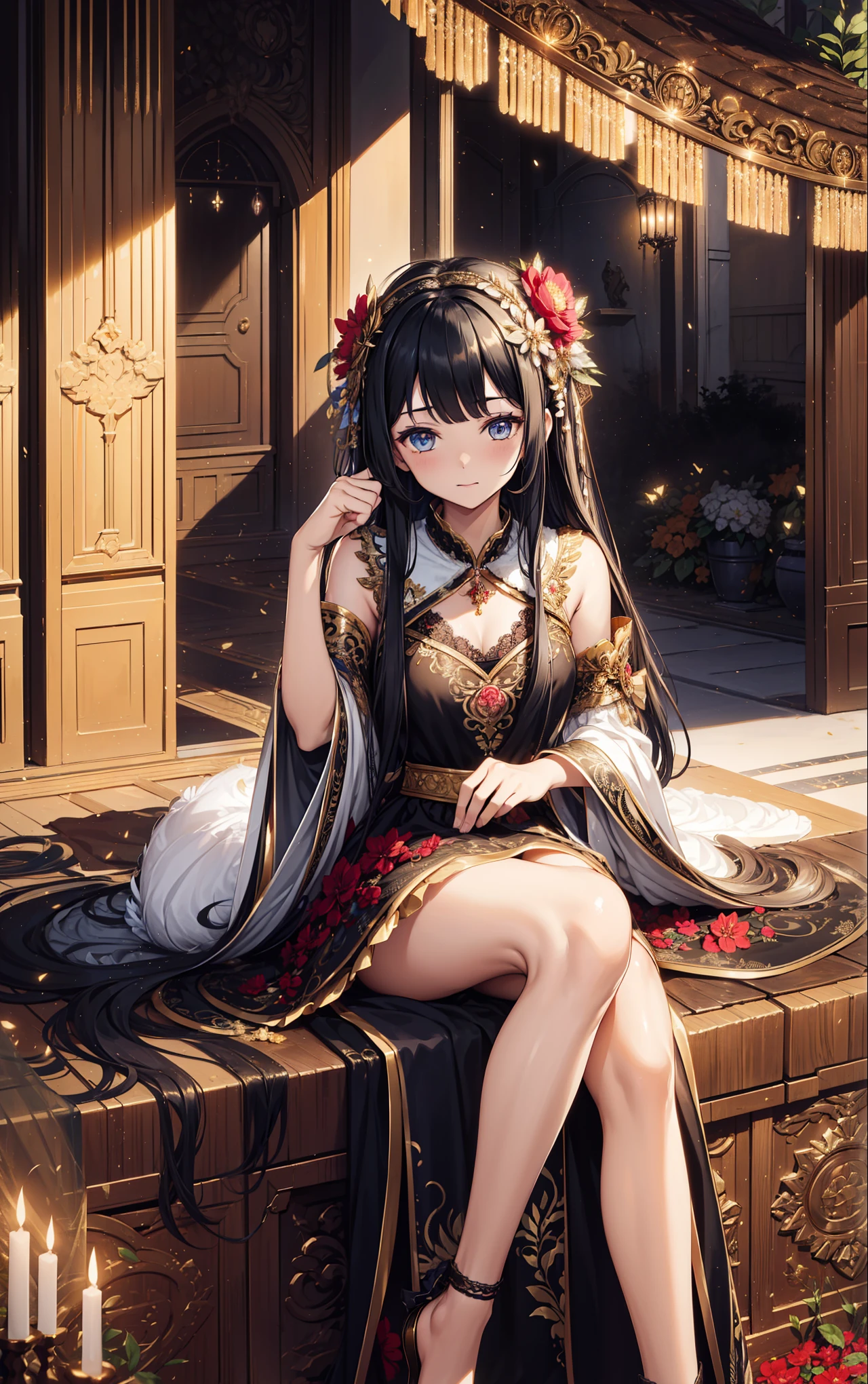 masterpiece,  Best quality,  high resolution, With 1,  gorgeous gold lace ruffle dress, Beautiful little metal headdress ， shining eyes, thigh, False eyelashes, Lovely atmosphere, Straight Hair,  Black ribbon on the head,   Many flowers around,