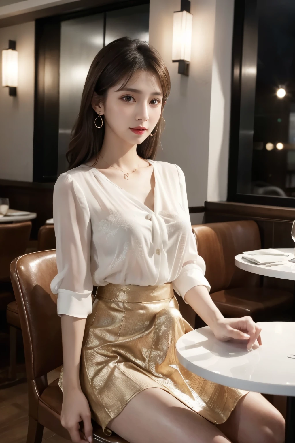 Masterpiece , best quality, realistic , very detailed, Delicate details, high definition , 8k wallpaper, one beautiful woman , Wear an elegant white see-through blouse, at a great restaurant, At night, Light brown messy hair, perfect dynamic configuration, beautiful and pretty eyes 、 big earrings、 sitting on a chair 、 Mini Skirt、 Erection under clothes