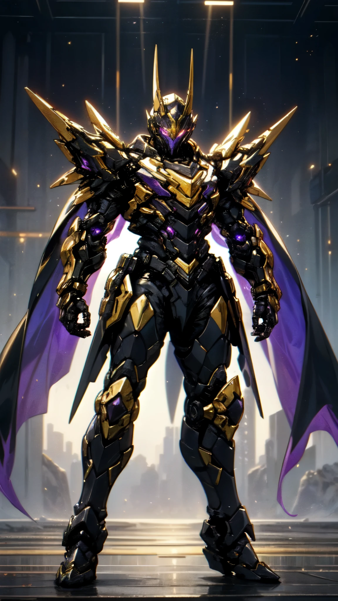 (masterpiece:1.5, best quality:1.5, extremely delicate:1.5), ((male:1.5)), a man wearing a full-face helmet, high-tech biomimetic armored combat suit, (a composite layered chest armor), the design balances heavy with agility, fully enclosed shoulder guards, matching arm and leg guards, a belt of gemstone, (the color scheme is primarily Red with Purple and Yellow accents, Organic Biotech, Concept Inspired by Vampire, glowing eyes, armor glows, huge cloak like devil wings), stand of a futuristic sci-fi city, this character embodies a finely crafted fantasy-style armored hero in anime style, exquisite and mature art style, metallic, high definition, highres, ultra-detailed, ultra-fine painting, professional, perfect body proportions, golden ratio, anatomically correct, symmetrical face, extremely detailed eyes and face, high quality eyes, creativity, RAW photo, UHD, 32k, Natural light, cinematic lighting, (masterpiece-anatomy-perfect:1.2)
