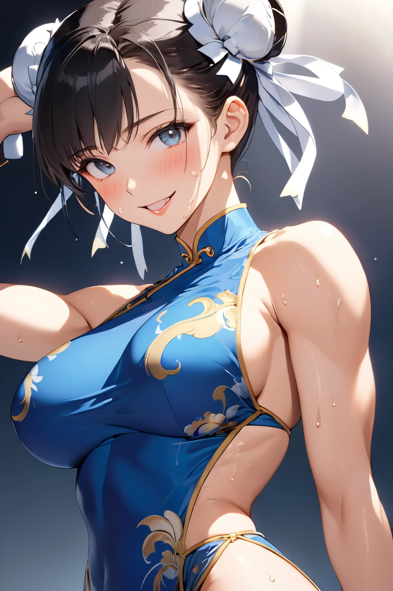 masterpiece, Best Quality, High resolution,16k,official art,super detailed skin,detailed,animated painting,(chun-li),1990s \(style\),(E-cup beautiful breasts)、 (tall:1.2),height: 175cm,Fashion model body type、clevage, Sexy long legs,blue china dress,underboob,Abdominal muscles、, black hair,,Muscular、1girl,solo,nsfw,sexy,smile,shy,blush,(vulgarity:1.6)、(Ahegao:1.2),Anime-style painting style,Close up on upper body,Cinematic lighting,Superfine,Seductively Posing,dynamic angle, closeup shot,simple white background,Sweating all over the body,closeup, 