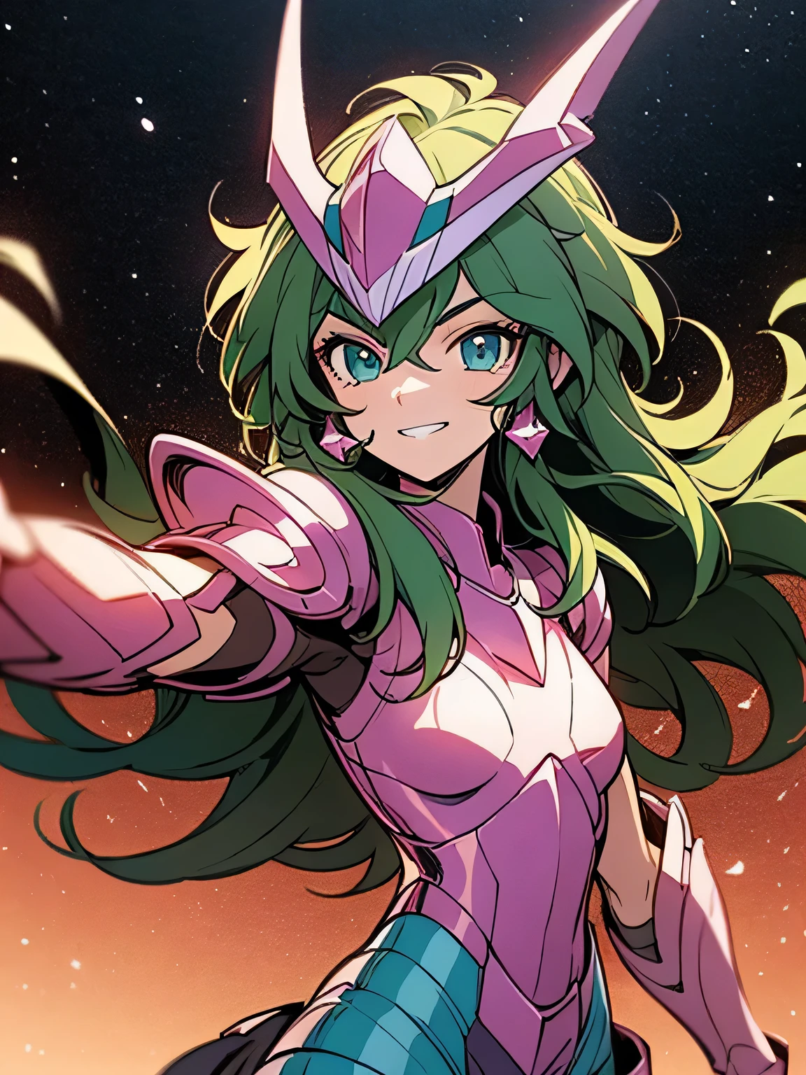 sideview,looking at viewer,(point at viewer),grin,Masterpiece, highest quality, armature, realistic, shiny skin, vivid skin texture, best lighting, , dramatic lighting, dynamic pose, starry background, blue sky, space, 1 girl, balanced eyes , Andromeda Shun, pink armor, chest, , green hair, pink helmet, blue eyes, Looking at the Audience , breasts, faint smile, chains, (manga style), (sketch), (illustration),
