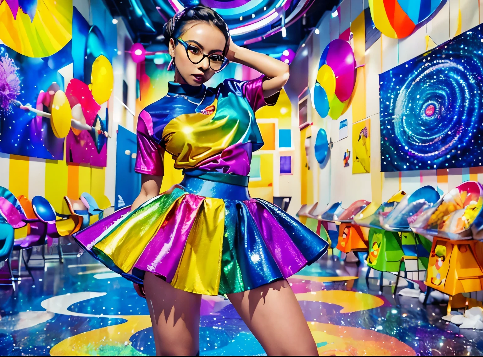 arafed image of a woman with a colorful shirt and skirt, a pop art painting inspired by Gao Cen, trending on cg society, de stijl, fine art fashion magazine style, colorful fashion, fine art fashion photography, chiho aoshima color scheme, primary colours, colour blocking, color block, photography alexey gurylev, jingna zhang
