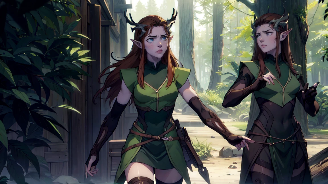 keylet, keylet,  long hair,  brown hair , ( green eyes :1.3),  pointy ears , elf, antlers, freckles,  ulybka,
BREAK thighhighs, gloves, boots, fingerless gloves, thigh boots, brown shoes,  green dress,
BREAK outdoors, the forest, nature,
BREAK looking at viewer, (cowboy shot:1.5),
BREAK (masterpiece:1.2),  top quality,  high definition, обои unity 8k, (illustration:0.8), ( Beautiful detailed eyes :1.6),  keylet extremely detailed face,  perfect lighting,  Extremely detailed CG , (perfect hands , Perfect Anatomy),