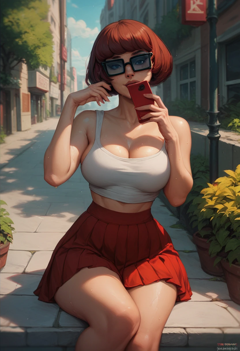 a beautiful woman velma dinkley hair style sitting  outdoors urban city wearing mini skrit  showing big as horny faces tatto holding smartphone her hands sexy pose horny sweating bend over