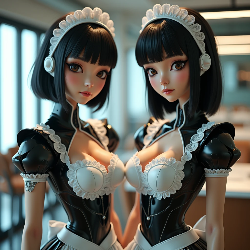 (best quality, masterpiece:1.2), conjoined_dicephalus, round face, wide hips, long legs, clear skin, freckles, beautiful detailed eyes, beautiful detailed lips, white dress, large breasts, left head has black hair, right head has blonde hair, blue eyes, chokers, ponytail hair, mechanical parts on the body