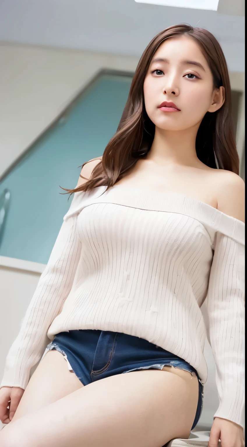 ((highest quality, 8k, masterpiece: 1.3)), sharp: 1.2, perfect body beauty: 1.4, slim abs: 1.2, ((nude、big breasts: 1.2)), (((ribbed sweater:1.3, off shoulder sweater))), short shorts:1.2, bare shoulders, (((underboob: 1.1))), close up face: 1.0, Highly detailed face and skin texture, fine eyes, double eyelid, (((View from below looking at the camera)))