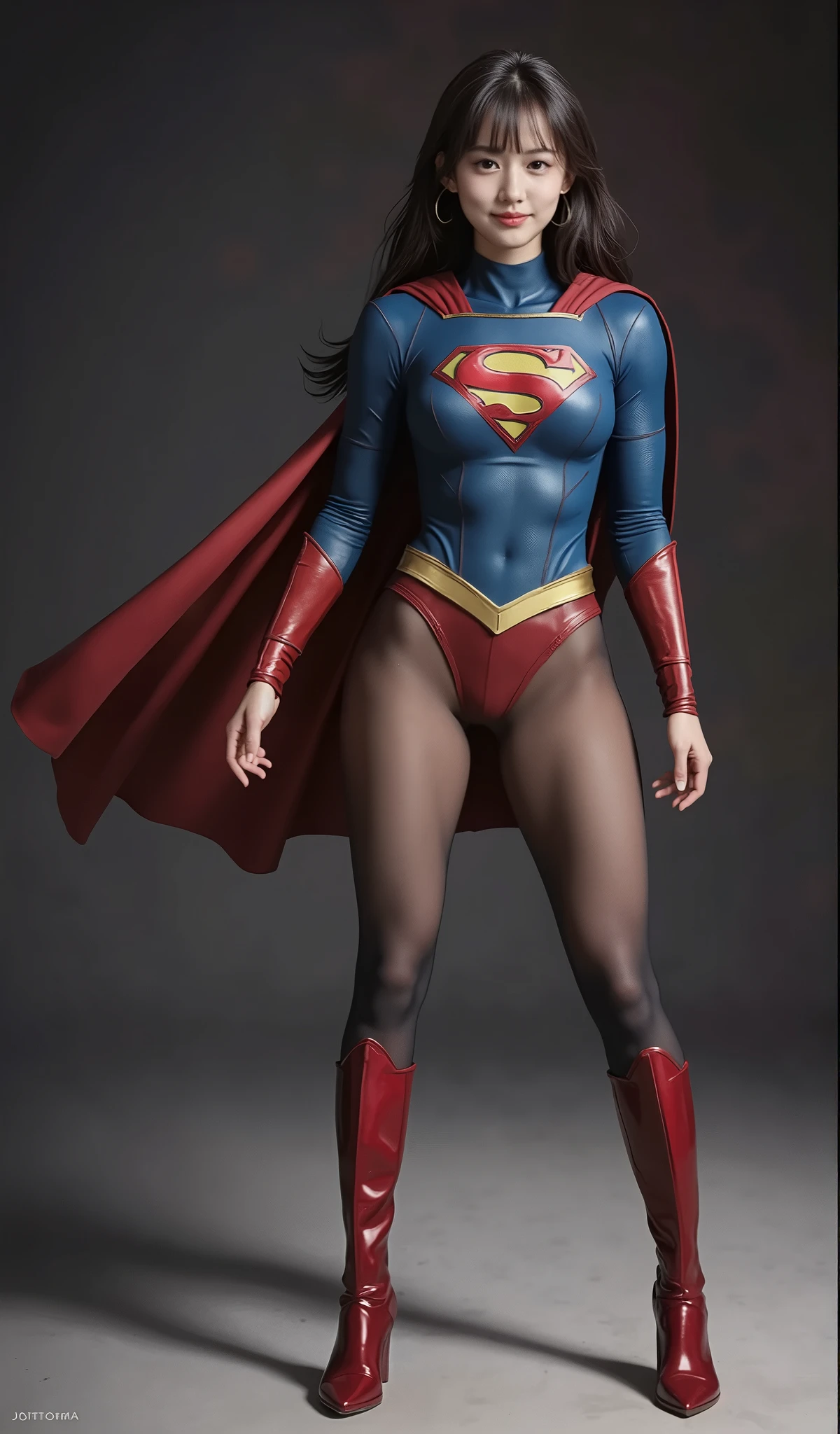 No background、(((Beautiful legs in black tights.)))、(((Legally express the beauty of your smile)))、((((Make the most of your original images)))、(((Supergirl Costume)))、(((Beautiful boyish hairstyle)))、(((suffering)))、(((Please wear black tights....、Wear red boots)))、((Best image quality、8k))、((highest quality、8k、masterpiece:1.3))、(((Preserve background )))、Sharp focus:1.2、Beautiful woman with perfect figure:1.4、Slim Abs:1.2、Wet body:1.5、Highly detailed face and skin texture、8k