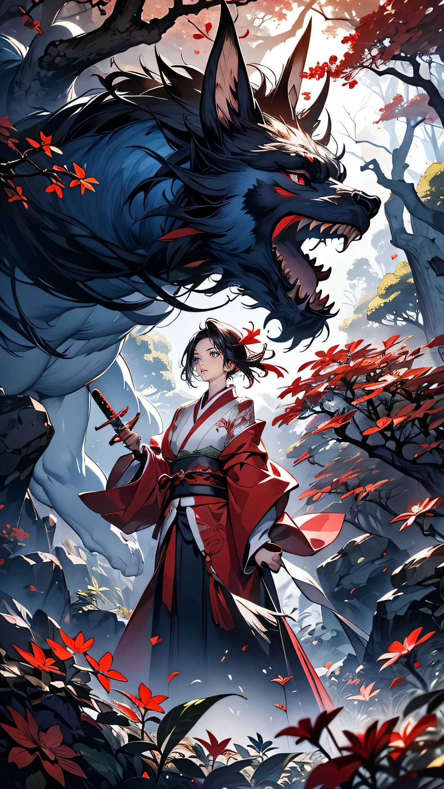 “A vibrant red forest where every tree is covered in bright crimson leaves. The ground is littered with fallen leaves, and the sunlight filters through the canopy, casting an eerie red glow across the scene. In the midst of the forest, the protagonist stands locked in combat with a massive ‘youkai’ that blends into the forest itself, its body formed from twisted roots and branches. The air is filled with swirling leaves, and the atmosphere is charged with the energy of the battle. In the distance, his companions fight off smaller ‘youkai,’ their swords flashing through the air.”