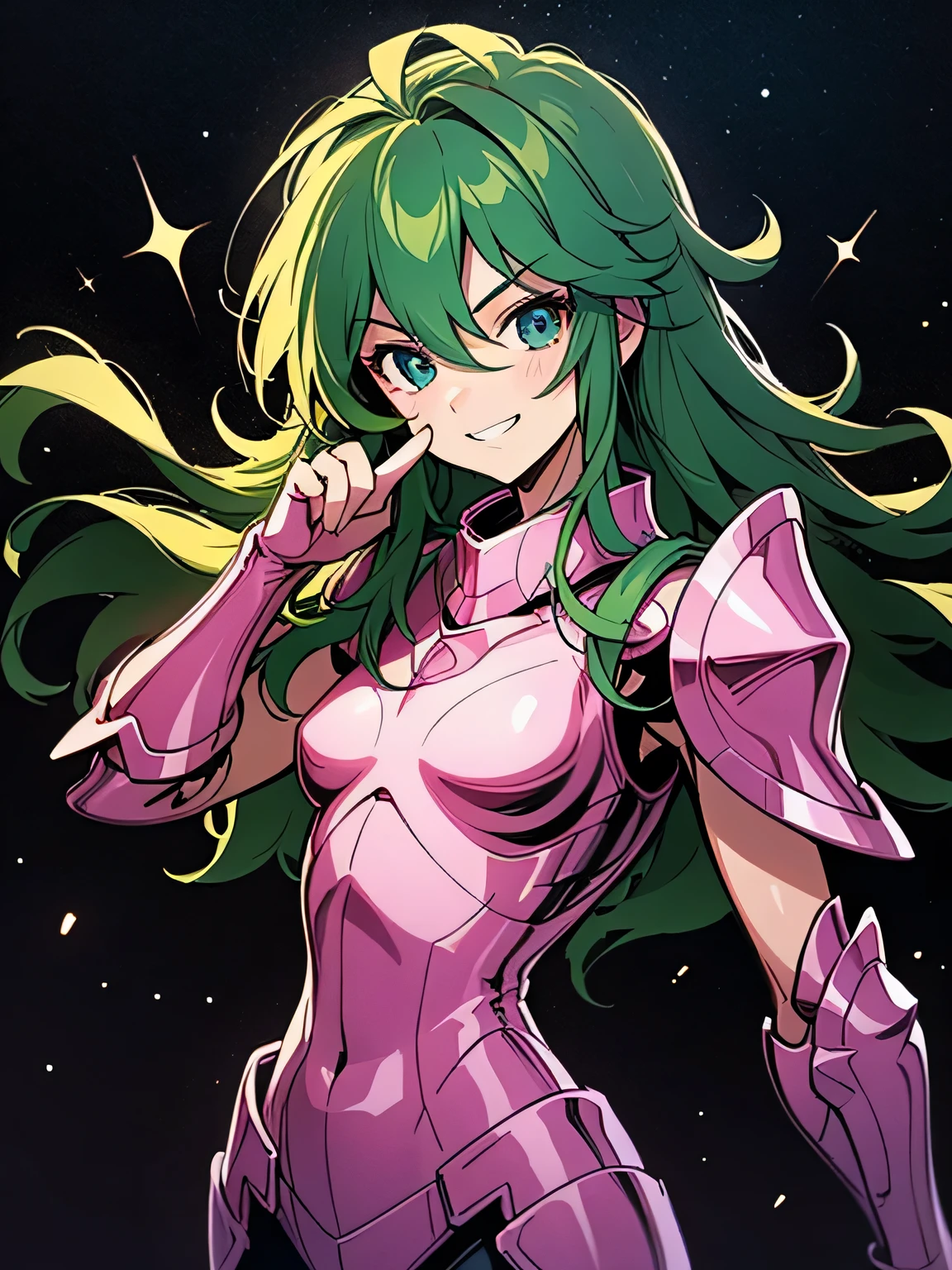 sideview,looking at viewer,(point at viewer),grin,Masterpiece, highest quality, armature, realistic, shiny skin, vivid skin texture, best lighting, , dramatic lighting, dynamic pose, starry background, blue sky, space, 1 girl, balanced eyes , Andromeda Shun, pink armor, chest, , green hair, pink helmet, blue eyes, Looking at the Audience , breasts, faint smile, chains, (manga style), (sketch), (illustration),