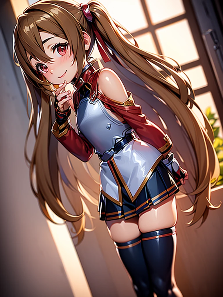  super detailed、 high definition 、 very detailed、 beautiful detailed girl 、 best quality、[３d image :1.15]、[8K images:1.15]、silica、Three-dimensional、[[ high quality anime girl with brown hair and brown eyes]]、[3D Images:1.25]、[[ charming eyes、 detailed eyes on board、 colorful eyes、Shining Eyes:1.25]]、 Long Twin Tails 、White and red uniform、8K images、 cowboy shot 、 Long Skirt 、 cute smiles 、Lori