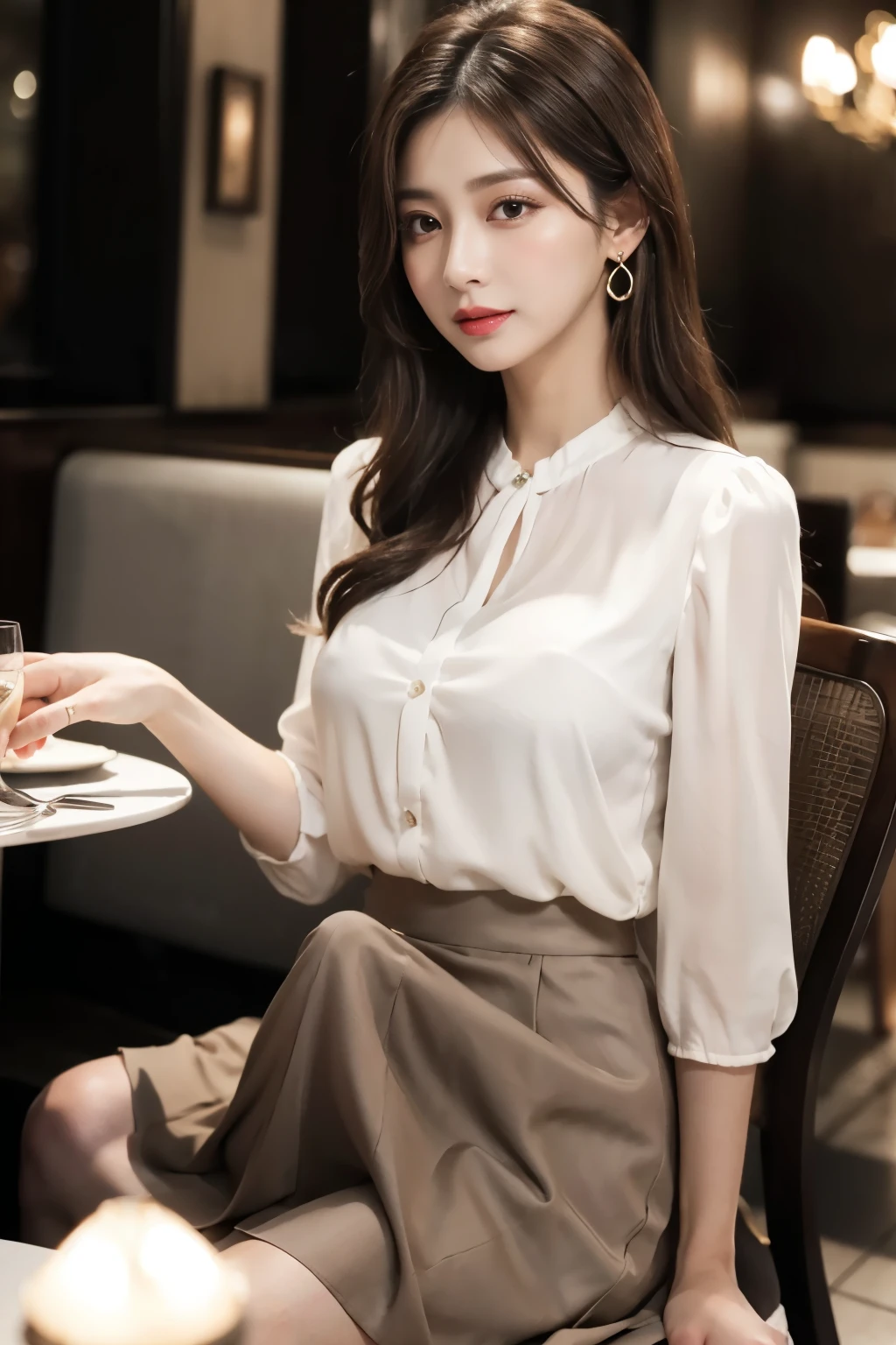   Masterpiece ,  best quality,  realistic ,  very detailed, Delicate details,  high definition , 8k wallpaper,   one beautiful woman  , Wear an elegant white see-through blouse,  at a great restaurant, At night, Light brown messy hair,  perfect dynamic configuration,  beautiful and pretty eyes 、 big earrings、 sitting on a chair 、 Mini Skirt、 Erection under clothes