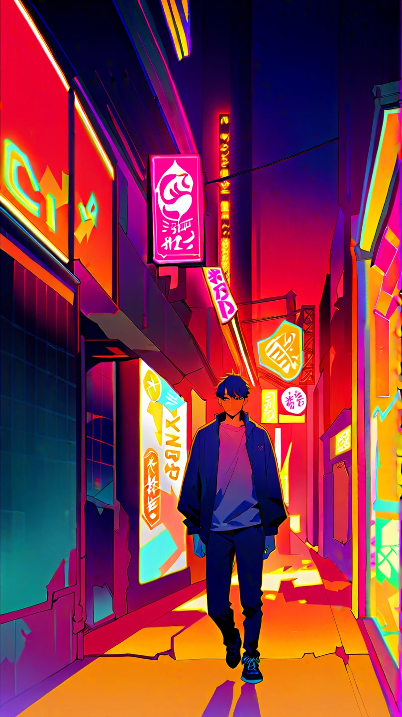 (걸작, 최고 품질:1.2), a man standing in front of a concrete wall, city atmosphere, night, neon lights