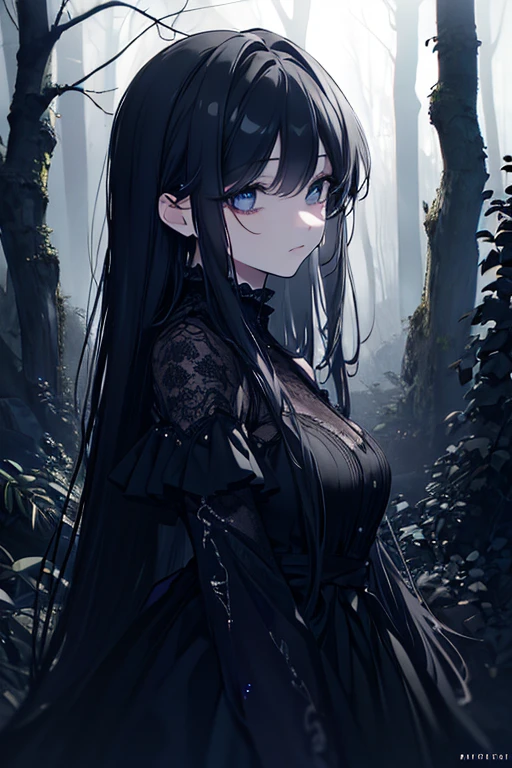 1girl, black_hair, breasts, dress, looking_at_viewer, long_hair, dragon, ringed_eyes, black_dress, cleavage, blue_eyes, bangs, scar, nature, outdoors, tree, solo, upper_body, forest, sleeveless, expressionless, closed_mouth, sleeveless_dress, scar_on_face, bare_shoulders