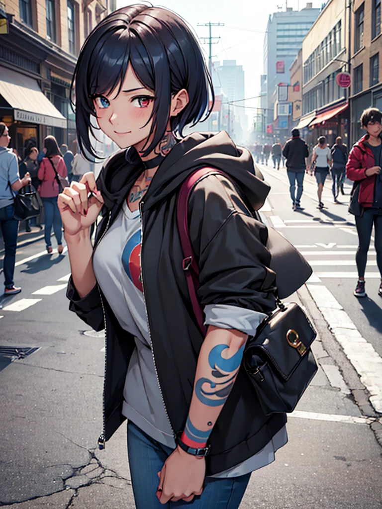 (​masterpiece, top-quality, hight resolution, Unity 8k, extremely details CG:1, Best Picture), Upper body, ((1girl, heterochromia, red eyes, blue eyes, tattoo)), "A modern urban setting, a young woman wearing a casual outfit consisting of a hoodie, jeans, and casual sneakers, standing in a bustling city street. She is not wearing a mask this time, and her face shows a wide, mischievous smile, her eyes sparkling with excitement. Her posture is relaxed but slightly playful, and her expression suggests she's eagerly imagining what's about to happen. The backdrop includes small shops and blurred passersby, emphasizing the focus on her emotions. She carries a small crossbody bag, with minimal belongings, implying her mind is solely focused on the person she's meeting. The mood is lighthearted, with a hint of intimacy and anticipation, as this is their second meeting, and they seem to have exceptional chemistry."