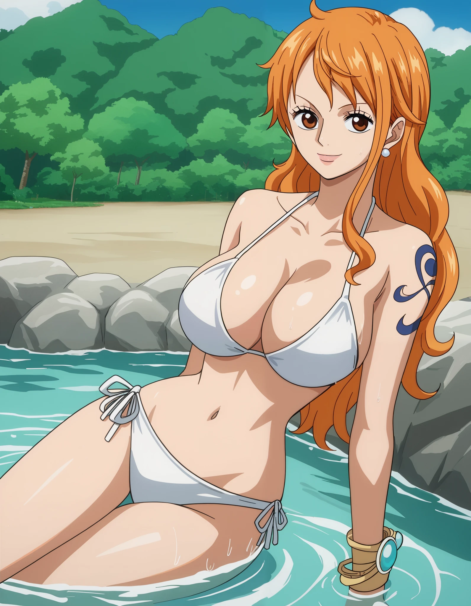 score_9_up, best quality, source_anime, 1girl, anime, Nami, orange hair, sexy, looking at the viewer, WHITE bikini, submerged at ocean