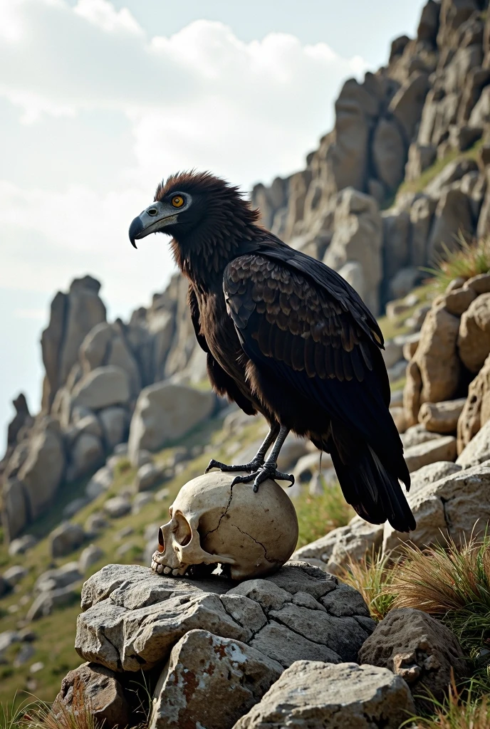  Se the tail of the vulture with the stout plumage. Standing position on the human skull.  Staring sharply in the direction into the distance .  Waiting for prey . with an eerie expression .  His thick plumage waved in the wind . Gripping situation .  Simple rocky hill background .  Many rocky hills . in the wild.