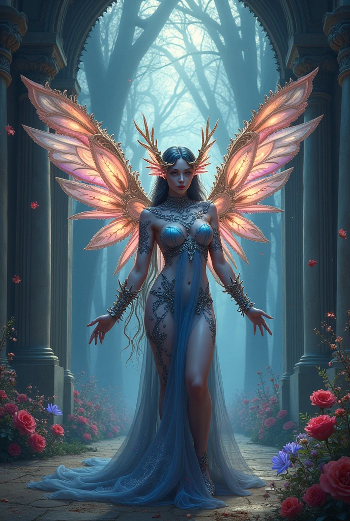 purple fairy with wings and a flower in her hand, fae priestess, exotic fey features, alluring mesmer woman, female lord of change, a beautiful sorceress, succubus | medieval, beautiful faery sorceress, beautiful succubus, succubus in sundress portrait, beautiful sorceress, hyperdetailed fantasy character