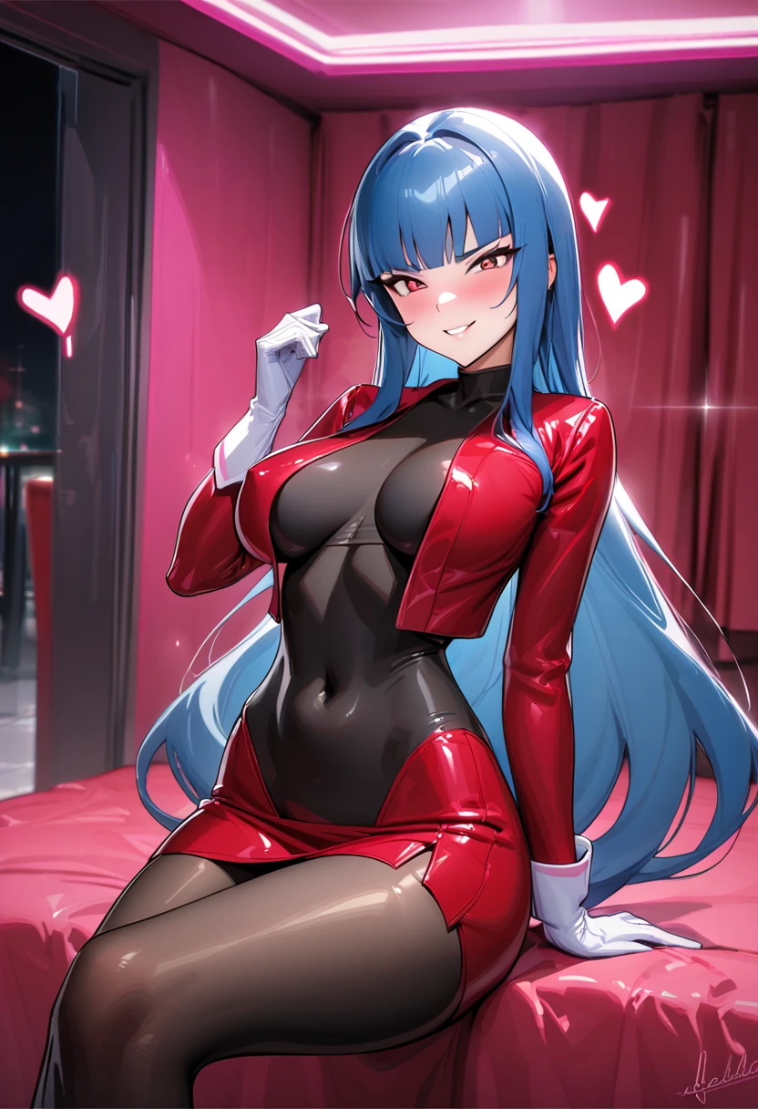 NSFW,frlgsab, blue hair, blunt bangs, very long hair, black bodysuit, red turtleneck, crop top, covered navel, red sleeves, red skirt, white gloves, black pantyhose、One adult woman、A mean smile、Telekinesis、 crosses legs、 Heart Effect 、Inside a love hotel