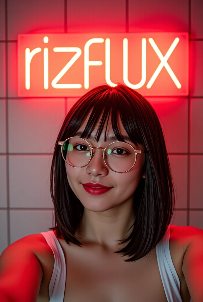 behind her big neon red light that read "rizFLUX Realist X",a pov of taking an instagram selfie a cute woman,againts square paterned wall,without make up,slight smile with slight open mouth,she has medium black hair with bangs,wearing circular glasses,wearing white crop top,film grain,natural face,pale skin,