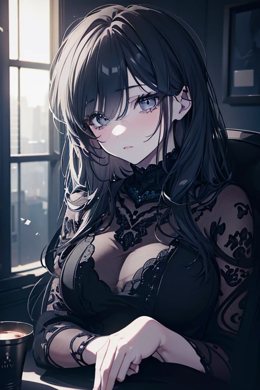 a dark women with pale skin, piercing eyes, a haunting expression, poercing, lie on bed, highly detailed, dramatic lighting, cinematic composition, moody and atmospheric, dark fantasy, muted color palette, chiaroscuro, vivid blue