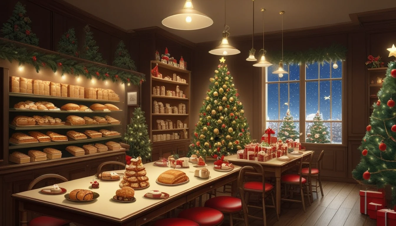 Please draw a Christmas cafe 。There are lots of decorations in the store 、 Christmas tree lamps are lit on the table。 coffee and sandwiches 、 treats such as chicken 。