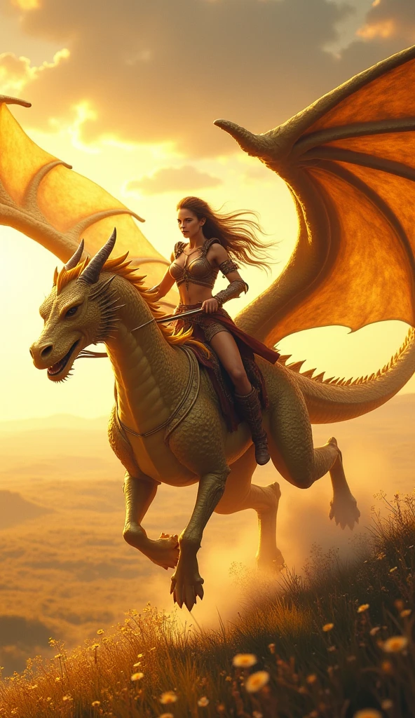 A large golden dragon flies away from a woman., A woman dressed in female character wearing goggles stands in the desert., in the style of cyberpunk imagery.Desert Scene