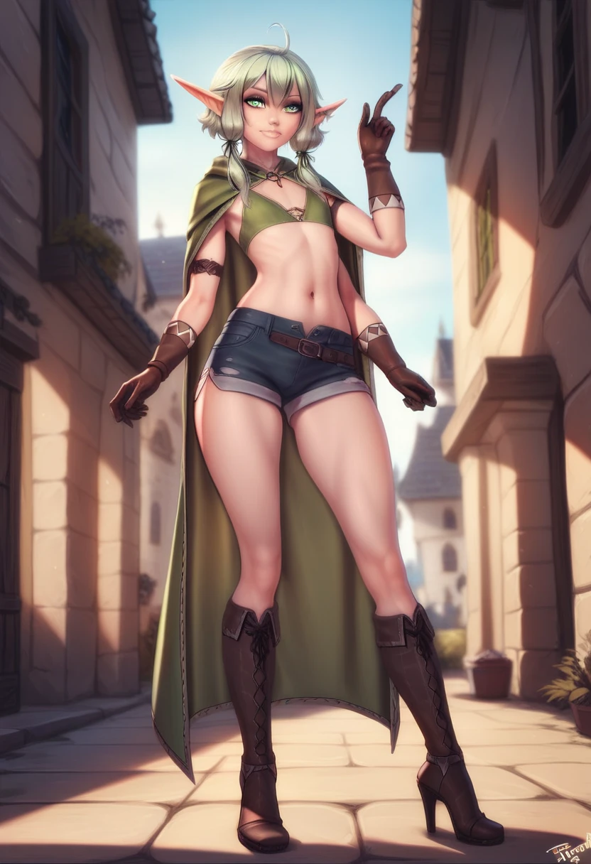 Voluptuous giantess with fiery red hair and intense green eyes, clad in a skimpy leather outfit, marches through a medieval town, buildings crumbling beneath her feet. She glances at the tiny people below with a mocking expression. Giantess, Goddess, sexy legs, heels, hot, curvy body, mommy issues, small town, small people, tiny people, macrophilia, perspective from below, high quality, almost naked, mature woman.