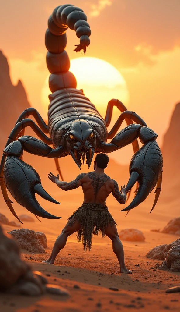 Make a fat black man fight a giant scorpion taking a sting in the eye