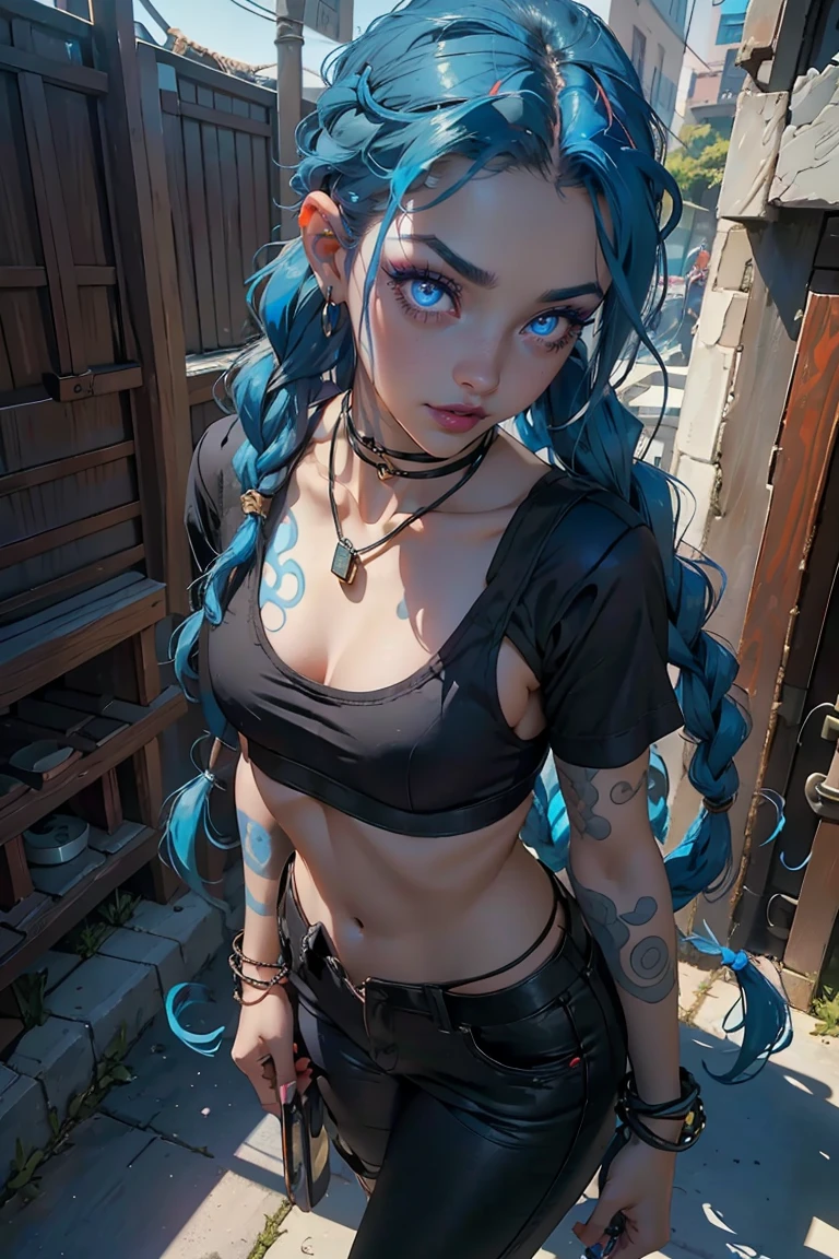 Goddess ((goddess-like woman)), slim elegant silhouette, masterpiece, best quality, sweet face, (masterpiece: 1.2, best quality), (real picture, intricate details), (1 lady, solo, medium tits, small waist, ), ((Jinx/LOL)), beautiful face, kissable lips, very long blue hair, Braided hair, two long braids, (very long blue hair), Blue hair, Blue glowing eyes, glowing eyes, crazy eyes, she has an impressive presence, beautiful face, perfect makeup, Beautiful Eyes, big eyes, she looks at the viewer, she Wears a black pants and white Crop Top, m3shm1cr0, pants short sleeves, midriff, Boots, she is wearing earrings, necklace, many different bracelets, Background: big City, she's standing in a sports station,