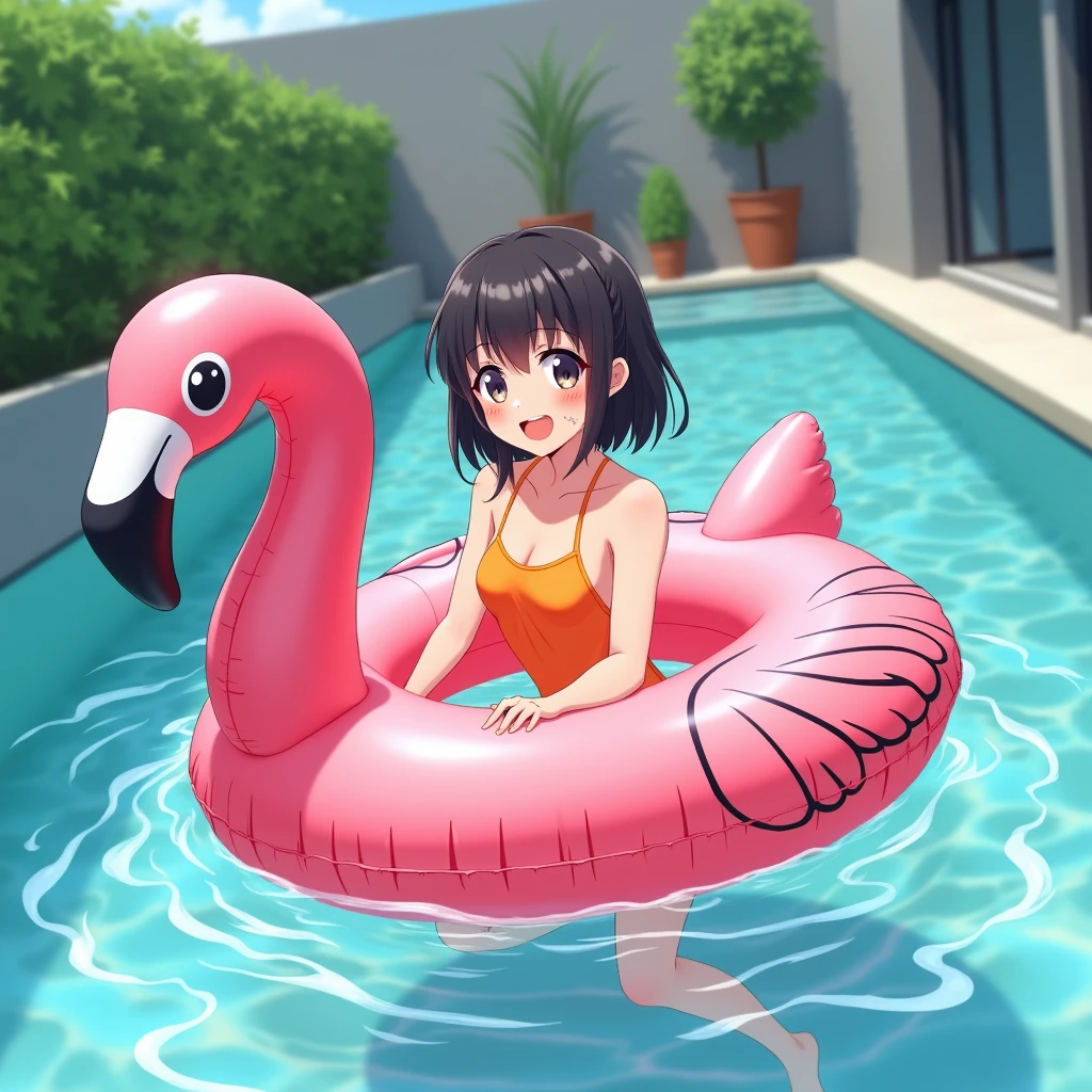 Serene, an alluring female anthropomorphic American Red-Crowned Crane in her red bikini, is inflating her inflatable red parrot pool float and white swan pool float by her poolside. Then Yuriko, a hot and alluring female anthropomorphic Japanese Red-Crowned Crane in her hot red bikini, came over to play with Serene. Yuriko marvels over Serene's inflatable bird pool floats. Serene relaxes on her inflatable parrot float and Yuriko lounges on her inflatable swan float in Serene's pool. Then Serene pulls the plug on her parrot float. Yuriko watched her friend giggling and sinking on her parrot float. Serene asks Yuriko to do the same thing on her inflatable swan float.