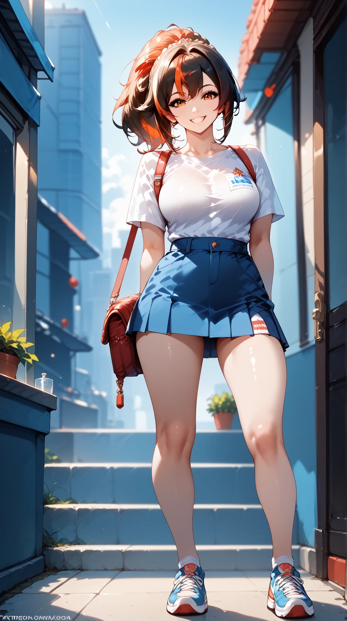 Masterpiece, extremely detailed,4k,solo,1girl,((fullbody)),stand up,zhu yuan,ponytail streaked hair,large breasts, perfect slim body,long sexy legs,arms behind back ,looking at viewers,((short skirt)),white tshirt ,((smile)),((front looks)),cowboy shot,photoshoot ,pose,no collour baground