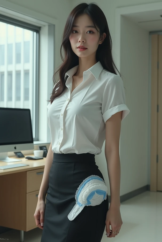 [[((young attractive Asian woman:1.6)), ((Sophie Tan:1.5)), standing by a window in a BPO office, with her back to the camera. She is wearing ((a tight, short business skirt with a fitted blouse and a headset:1.4)), portraying her as an efficient virtual assistant. Her hair is styled in a high ponytail, and she has a seductive, confident gaze over her shoulder. The background features office cubicles, a window with city views, and office decor. The scene is captured with a ((digital SLR:1.4)) using a ((24-70mm zoom lens:1.4)) for versatility in framing. Post-production enhances the natural office lighting and adds a ((soft bokeh effect:1.3)) to the background. The image should be in ((8K resolution:1.5)) with ((hyper-realistic detail:1.6)). The backdrop highlights the BPO office with detailed textures of cubicles and city views. The focus is on Sophie's business attire and headset, along with her seductive, confident gaze, capturing the essence of a sexy virtual assistant. The overall composition is designed to evoke a sense of professionalism and allure, making it a captivating feature image for any publication.]]