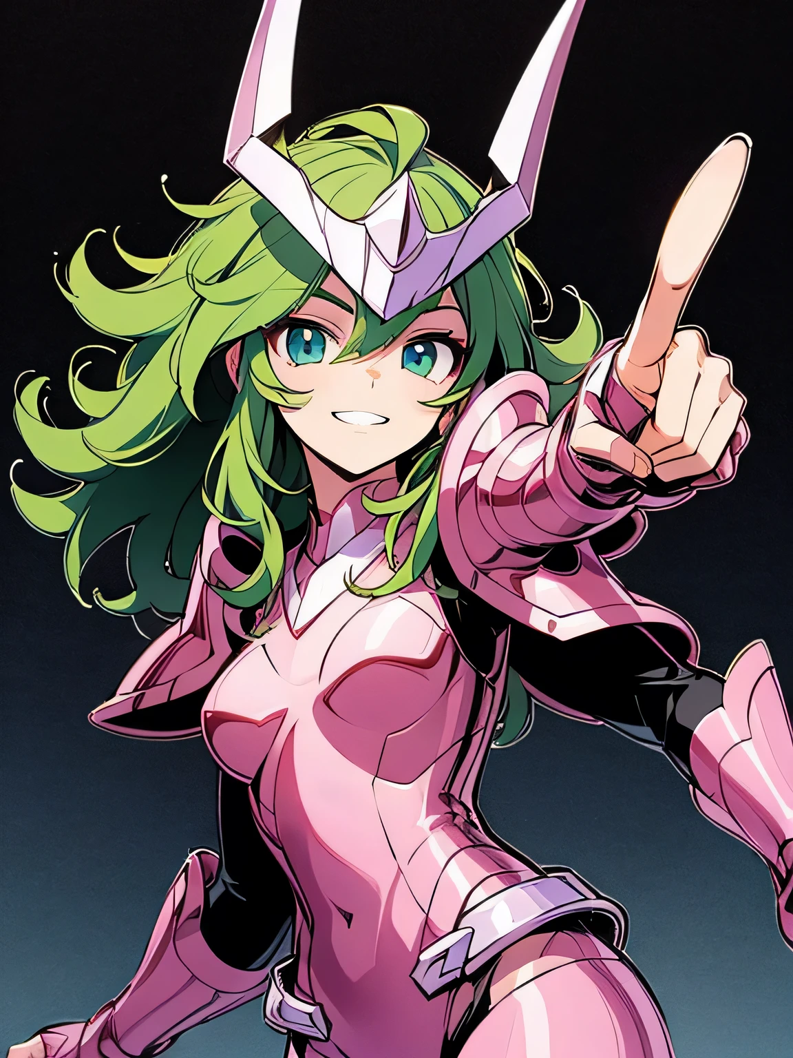 sideview,looking at viewer,(point at viewer:1.3),grin,Masterpiece, highest quality, armature, realistic, shiny skin, vivid skin texture, best lighting, , dramatic lighting, dynamic pose, starry background, blue sky, space, 1 girl, balanced eyes , Andromeda Shun, pink armor, chest, , green hair, pink helmet, blue eyes, Looking at the Audience , breasts, faint smile, chains, (manga style), (sketch), (illustration),